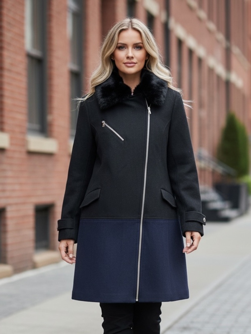 Mossimo Black & Navy Wool-Blend Faux Fur Collar Coat XXL
